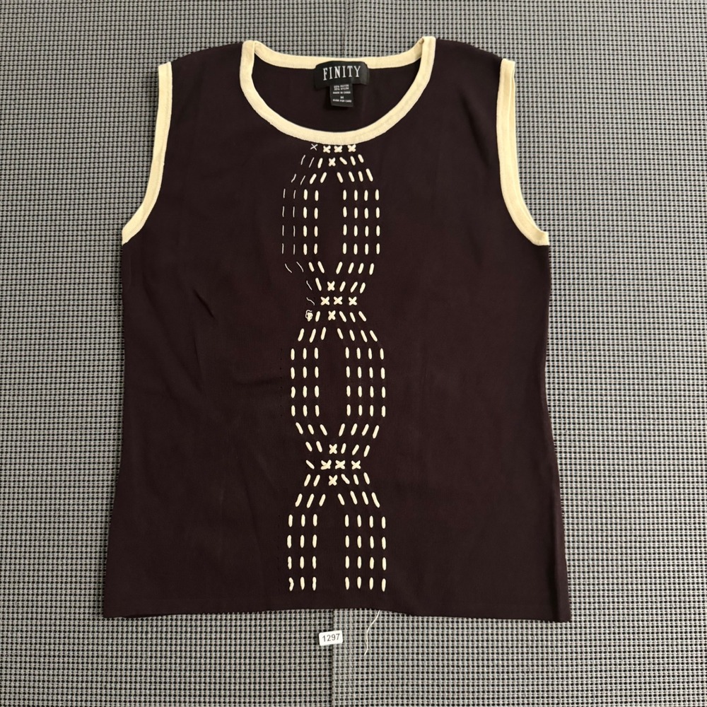 Finity Womens Brown Sleeveless Knit Shell Top Cream Geometric Embroidery Medium